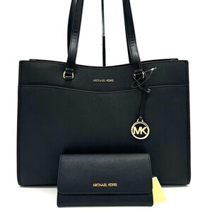 Michael Kors Large MF Pocket Shoulder Tote Bag & Trifold Wallet Black/Gold